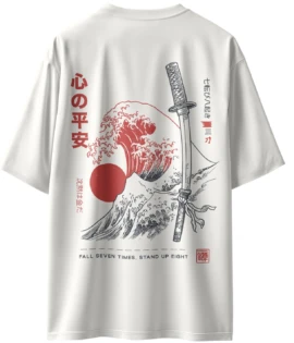 Oriko Rise Eight Oversized Graphic T-Shirt – Great Wave of Japan and Katana Design