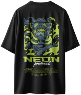 Oriko Neon Oversized Graphic T-Shirt – Sci-Fi Anime Character with Neon Protocol Text