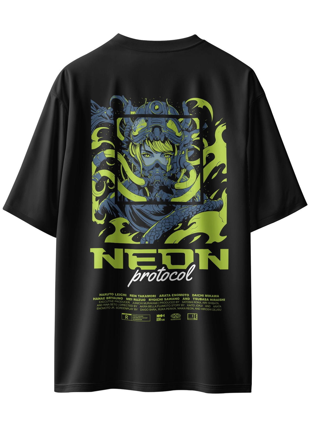 Oriko Neon Oversized Graphic T-Shirt – Sci-Fi Anime Character with Neon Protocol Text