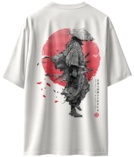 Oriko Senshi Oversized Graphic T-Shirt – Samurai Warrior Ink Artwork on Off-White Tee