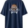 Oriko Tora Oversized Graphic T-Shirt – Mechanical Tiger Team Logo on Navy Blue Tee