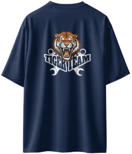 Oriko Tora Oversized Graphic T-Shirt – Mechanical Tiger Team Logo on Navy Blue Tee