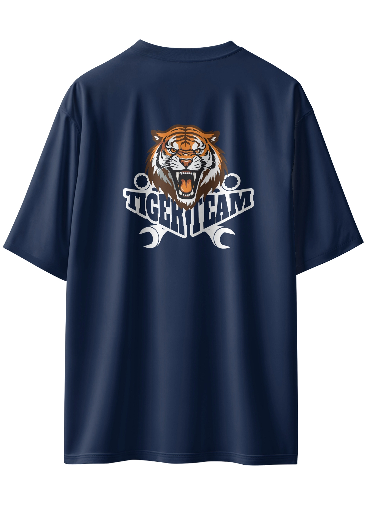 Oriko Tora Oversized Graphic T-Shirt – Mechanical Tiger Team Logo on Navy Blue Tee